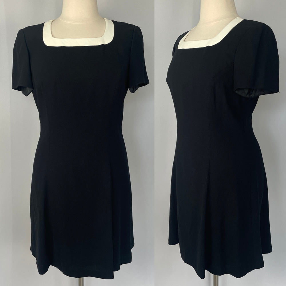 Vintage A Line Dress Size 16 Black White Minimal Retro Academia Twee Office 90s